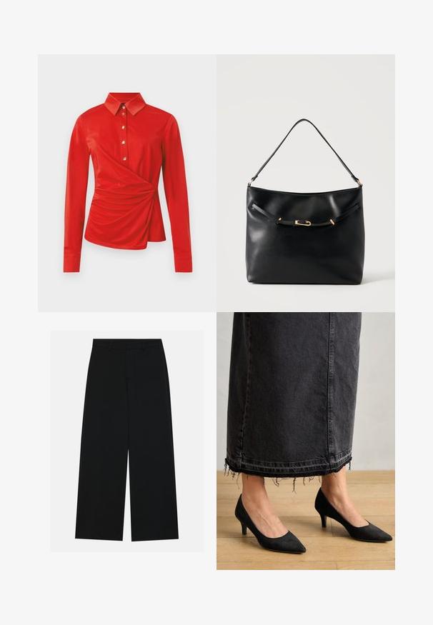 Rode blouse met lange mouwen, een klassieke kraag, gouden knopen aan de voorkant en een geplooid drapeerdetail aan één zijde bij de taille.; Zwart, wijde broek van een gladde stof. Heeft een plat tailleband met riemlussen en geen zichtbare zakken. Eenvoudig ontwerp.; Zwarte suède pumps met een spitse neus en een hak van 7,5 cm, in combinatie met een lange, donkere spijkerrok met rafelige uiteinden.; Zwarte leren schoudertas met een enkele band en een klein gouden gespsdetail aan de voorkant tegen een effen lichte achtergrond.