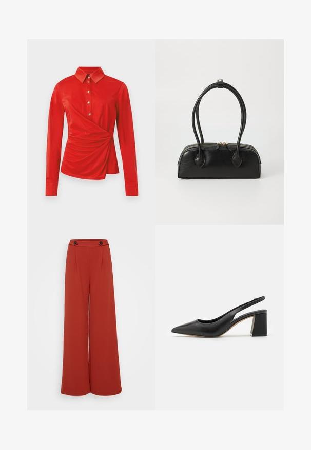 Blouse rouge à manches longues avec un col classique, des boutons dorés sur le devant, et un détail drapé froncé sur un côté à la taille.; Pantalon large taille haute couleur rouille avec deux boutons foncés à la taille sur fond blanc.; Escarpin slingback en cuir noir avec un bout pointu, un design découpé et un talon bloc épais. Texture lisse avec une esthétique minimaliste.; Sac à main en cuir noir avec deux anses allongées, fermeture éclair et forme arrondie ; texture lisse avec une finition légèrement brillante.