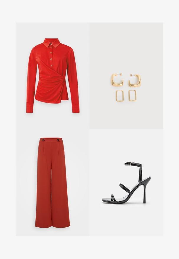 Blouse rouge à manches longues avec un col classique, des boutons dorés sur le devant, et un détail drapé froncé sur un côté à la taille.; Pantalon large taille haute couleur rouille avec deux boutons foncés à la taille sur fond blanc.; Sandales à talons hauts en cuir verni noir avec trois sangles horizontales et une sangle de cheville ajustable. Silhouette élégante et finition brillante.; Deux paires de Boucles d'oreilles créoles géométriques dorées sur une surface blanche unie, une paire carrée et pleine, une paire rectangulaire et creuse.
