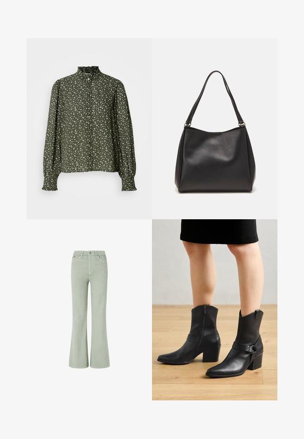 Donkergroene blouse met bloemenpatroon, hoge kraag, knoopsluiting aan de voorkant en lange mouwen met elastische manchetten. Zachte, lichte stof.; Groene flared corduroy jeans met een middellange taille, voorzien van voorzakken, een knoopsluiting en een zachte textuur.; Zwarte leren enkellaarzen met een puntige neus, ritssluiting, gebogen hak en een decoratieve band met metalen accenten.; Zwarte synthetische leren handtas met een zachte textuur, hobo-vorm en dubbele schouderbanden; heeft een glanzende afwerking en een minimalistisch ontwerp.