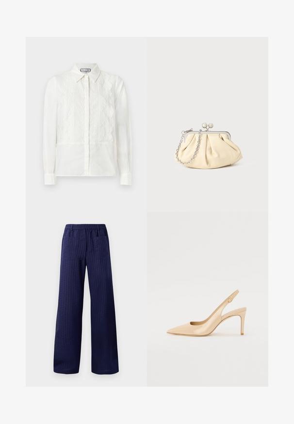 Witte blouse met lange mouwen, voorpanelen van kant, gegolfde randen, knoopsluiting en puntkraag, afgebeeld tegen een effen achtergrond.; Marineblauwe wijde broek met een textuurfinish, elastische tailleband en twee achterzakken. Gemaakt van lichtgewicht, ademend materiaal.; Nude gepatineerd leren slingbackhak met een spitse neus, open vamp en een dunne stilettohak. Bevat een ronde gouden accent op de band.; Geplooide beige leren clutch met een zilveren metalen frame, voorzien van twee ronde decoratieve sluitingen en een zilveren kettingriem.