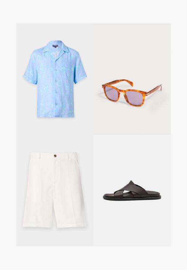Lyseblå kortærmet skjorte med knapper, krave og subtilt skildpaddemønster, frontlomme på brystet, mærket "Vilebrequin" størrelse medium.; Hvide bermuda-shorts lavet af letvægtsstof med en afslappet pasform, der har en enkelt brun knap og frontlommer.; Stuart Weitzman BERKLEY - Slip-on sandaler - espresso; Tortiseshell firkantede solbriller med lillatonede linser, der hviler på en hvid overflade.