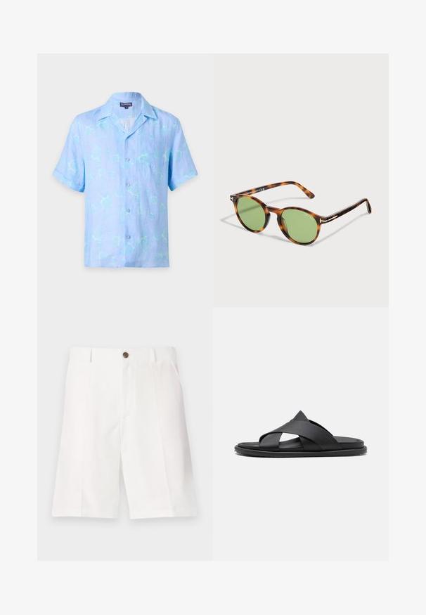 Hellblaues kurzärmeliges Hemd mit Knöpfen, Kragen und dezentem Schildkrötenmuster, Brusttasche vorne, mit dem Etikett "Vilebrequin" Größe Medium.; Weiße Bermuda-Shorts aus leichtem Stoff mit lockerer Passform, ausgestattet mit einem braunen Knopf und vorderen Taschen.; Stuart Weitzman BERKLEY - Pantolette flach - black; Runde Schildpatt-Sonnenbrille mit grünen Gläsern und dünnen Bügeln, mit Tom Ford auf Linse und Rahmen.