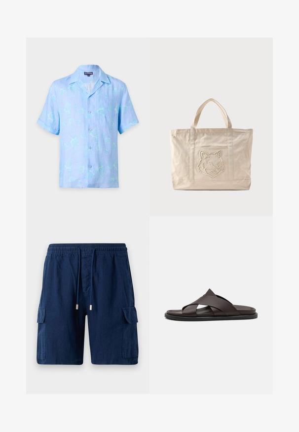 Lichtblauw kortärmelig, knoopjesoverhemd met kraag en subtiel schildpaddenpatroon, voorvak op de borst, gelabeld "Vilebrequin" maat medium.; Marineblauwe cargoshorts van lichtgewicht stof, met een elastische tailleband en trekkoord, twee zijzakken en één beenzak.; Stuart Weitzman BERKLEY - Muiltjes - espresso; Beige canvas tas met dubbele handvatten en een reliëf ontwerp van een wolfskop op het voorvak.