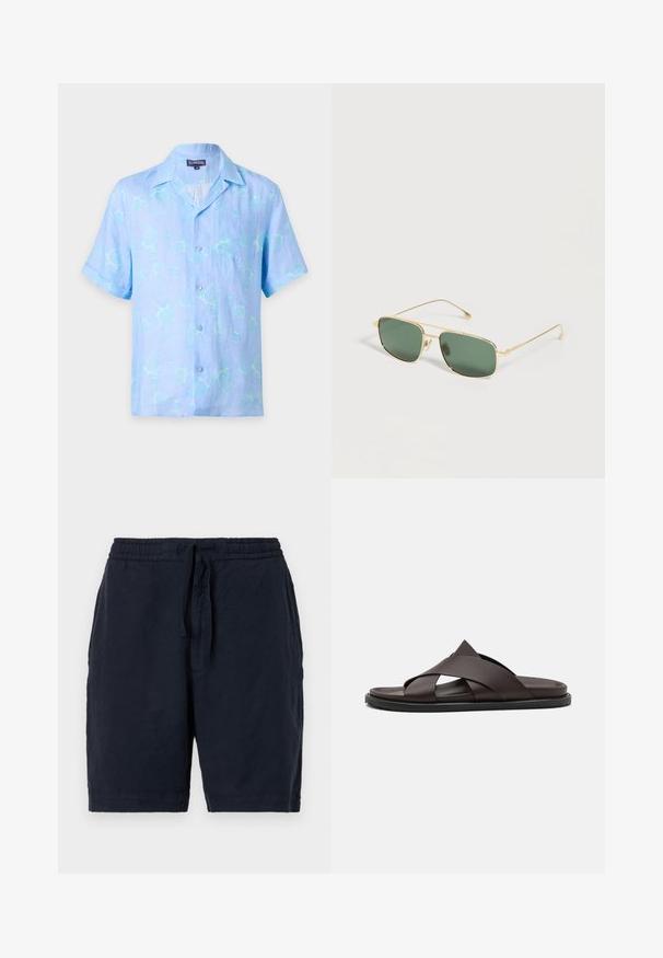 Lyseblå kortærmet skjorte med knapper, krave og subtilt skildpaddemønster, frontlomme på brystet, mærket "Vilebrequin" størrelse medium.; Marineblå linned-shorts med elastisk talje og snøre, med en afslappet pasform og en let tekstureret overflade.; Stuart Weitzman BERKLEY - Slip-on sandaler - espresso; Guldindfattede rektangulære solbriller med grøntonede linser, hvilende på en hvid overflade.