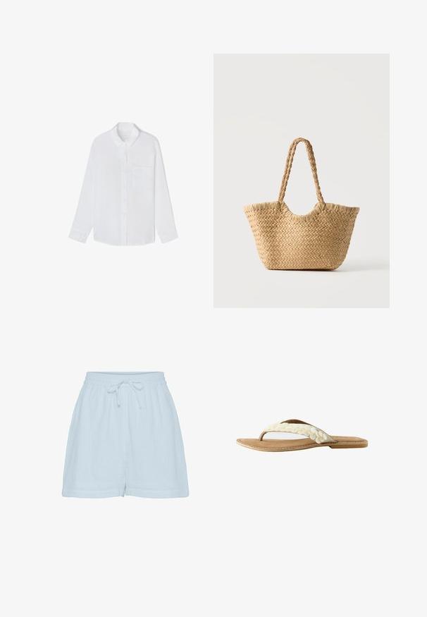 Chemise blanche à manches longues, boutonnée, avec col et une poche poitrine, posée à plat sur un fond blanc.; Shorts en coton bleu clair avec une coupe décontractée, une taille élastique et un cordon de serrage réglable. Fabriqués dans un tissu doux et texturé, avec des coutures latérales.; Sandale plate couleur fauve avec bride en tongs blanche à sequins et bords cousus, vue de côté sur fond blanc.; Sac cabas en paille tressée avec large base, poignées tressées et couleur beige naturel sur fond blanc uni.