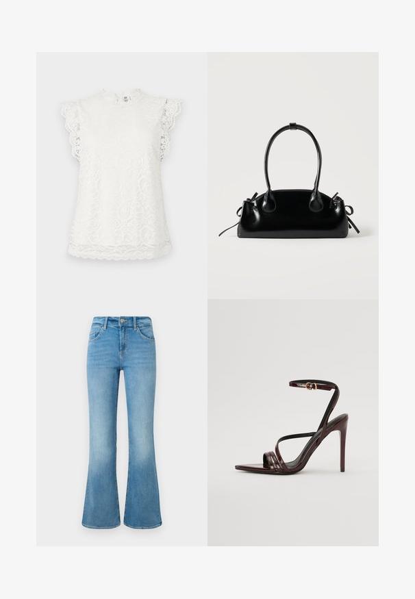 Hvid blonde ærmeløs bluse med bølgede kanter og blomsterprint, med høj halsudskæring og delikate blondeærmer.; Lyseblå denim flare jeans med forlommer, bæltestropper og knaplukning mod en hvid baggrund.; Bordeaux laker læder højhælede sandal med ankelrem, spids tå og tre vandrette remme over foden. Detalje med spænde i guldtonet.; Lille sort blank håndtaske med to lange håndtag og snøre-detaljer i siden på en ensfarvet lys baggrund.