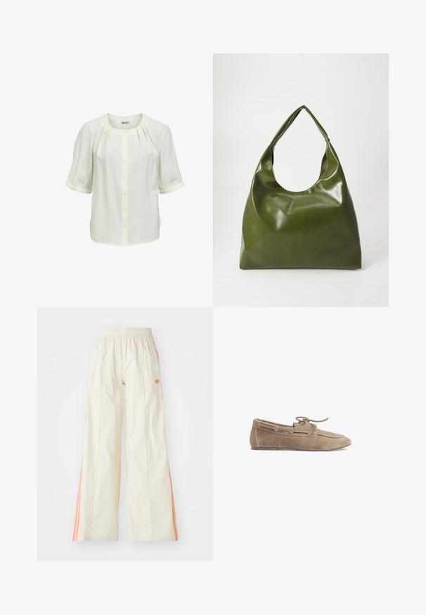 Blouse blanche à manches courtes avec col rond, boutons sur le devant et plis subtils près du col, présentée sur un fond uni.; Pantalons larges de couleur crème avec une taille élastique, présentant des rayures latérales orange et un petit logo orange à l'avant.; Mocassin en daim beige avec lacets et œillets en métal, semelle plate, et coutures de style mocassin le long de l'avant-pied, présenté en vue latérale.; Sac hobo en cuir vert au design décontracté, avec une poignée incurvée et une texture lisse. Ne contient aucun matériel ou accent visible.