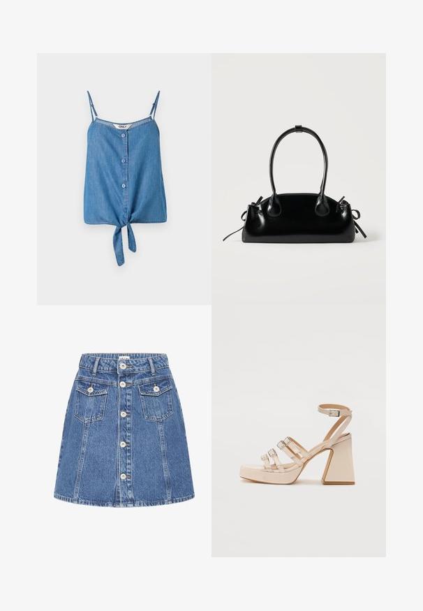 Top sans manches en denim avec bretelles ajustables, présentant un devant à boutons et un ourlet noué. Couleur bleu clair et texture douce.; Jupe trapèze en denim bleu avec boutons sur le devant et deux poches à rabat boutonnées près de la ceinture.; Sandales plateforme beiges avec trois sangles ajustables et une boucle à la cheville. Fini brillant, talon carré et texture lisse.; Petit sac à main noir brillant avec deux longues anses et des détails à cordon sur les côtés sur un fond clair uni.