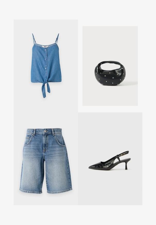 Ärmelloses Denim-Top mit verstellbaren Trägern, das vorne mit Knöpfen zu schließen ist und einen gebundenen Saum hat. Hellblaue Farbe und weicher Stoff.; Hellblaue Denim-Shorts mit geradem Schnitt, fünf Taschen und bronzefarbenen Beschlägen. Mit fransigem Saum und einer ausgewaschenen Waschung.; Schwarze Slingback-Absätze mit spitzem Zeh und einem strukturierten, krokodilpräge Muster. Enthält einen schmalen Knöchelriemen und einen kleinen Absatz.; Schwarze Lederhandtasche mit abgerundeter Form, verziert mit silbernen Nietenakzenten und kurzem Griff. Glatte Struktur und Reißverschlussverschluss.