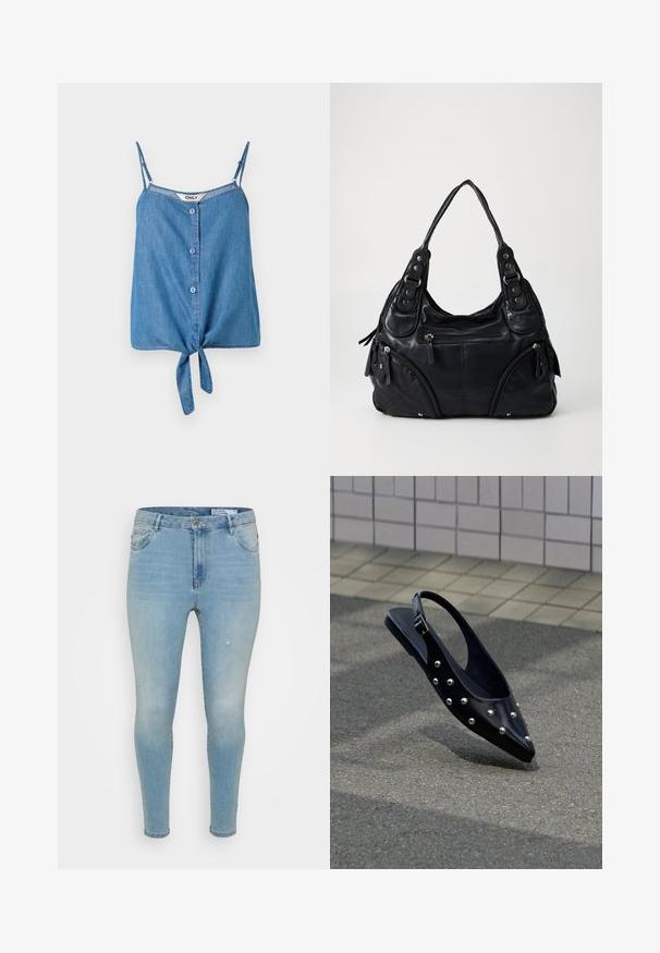 Denimová bezramienková blúzka s nastaviteľnými ramienkami, so zapínaním na gombíky a viazaným lemom. Svetlomodrá farba a jemná textúra.; Svetlomodré denim džínsy so slim fit strihom, so stredne vysokým pásom, klasickým dizajnom s piatimi vreckami a jemnými distressed detailami na prednej strane.; Čierna špicatá slingback topánka so striebornými cvokmi, vznášajúca sa nad asfaltom blízko dlaždicovej steny.; Čierna kožená kabelka s dvojitými rúčkami, prednými zipsovými vreckami a detailmi z metalických nýtov, umiestnená na jednofarebnom svetlom pozadí.