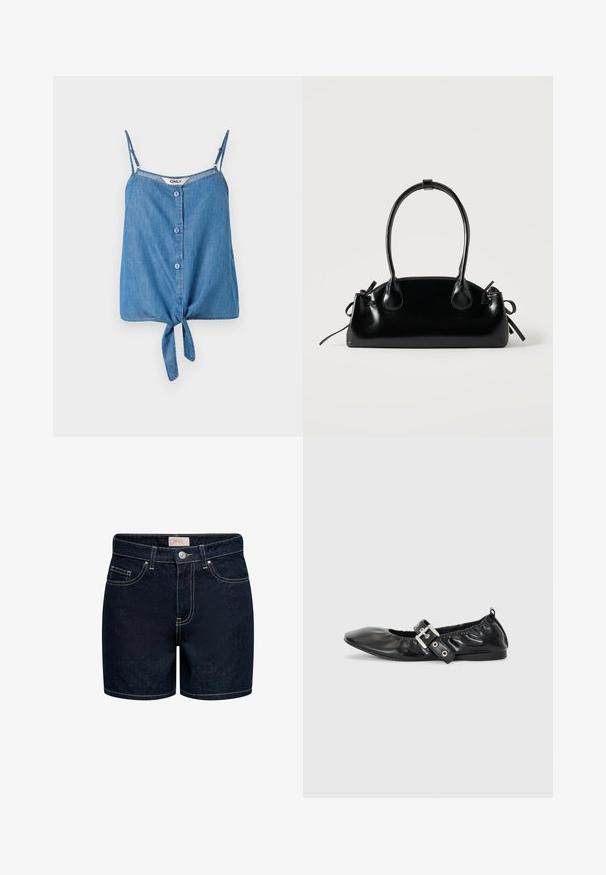 Denim uden ærmer med justerbare stropper, med knaplukning foran og bundet kant. Lyseblå farve og blød tekstur.; Mørkeblå denimshorts med en tætsiddende pasform, fem lommer, gyldne syninger og lukning med knap foran. Materialet har en glat tekstur.; Sorte læder flade sko med spids tå, samling detaljer omkring åbningen, og en sølv spænde accent på den justerbare rem.; Lille sort blank håndtaske med to lange håndtag og snøre-detaljer i siden på en ensfarvet lys baggrund.