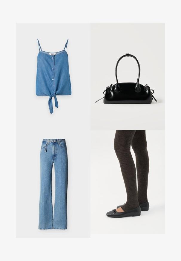 Top sans manches en denim avec bretelles ajustables, présentant un devant à boutons et un ourlet noué. Couleur bleu clair et texture douce.; Jean denim bleu clair taille haute avec jambes larges, cinq poches, et une ceinture en denim assortie avec œillets en métal et boucle.; Jambes portant des leggings côtelés foncés associés à des ballerines noires avec de petits détails en nœud sur fond blanc.; Petit sac à main noir brillant avec deux longues anses et des détails à cordon sur les côtés sur un fond clair uni.