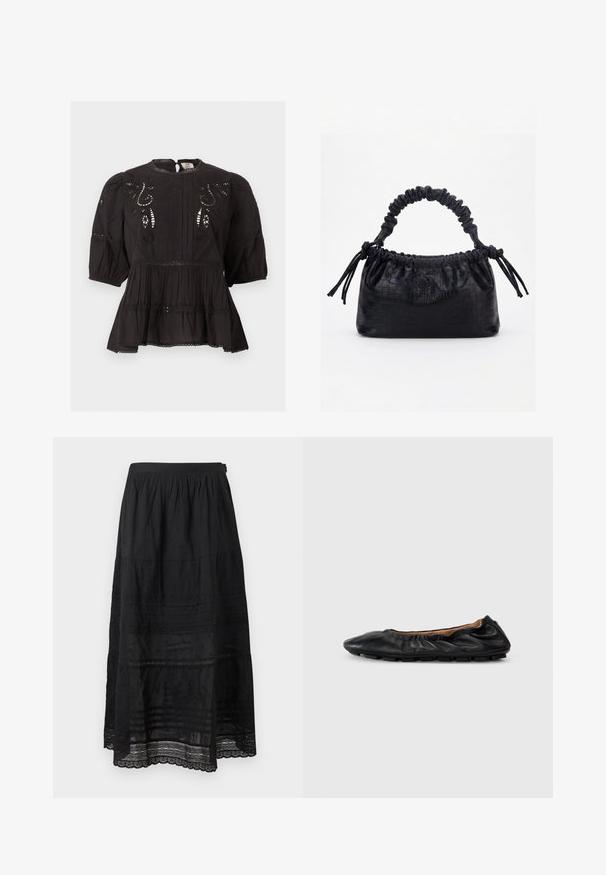 Blouse noire avec manches bouffantes, découpes en dentelle, broderie sur la poitrine, taille plissée et petite fermeture bouton à œillet au niveau du décolleté.; Jupe noire longueur cheville avec taille froncée, motifs floraux brodés, inserts horizontaux en dentelle et ourlet en dentelle festonné.; Ballerines en cuir noir avec des détails froncés au col, bout rond et semelle en caoutchouc flexible. Texture lisse dans l'ensemble.; Sac à main noir avec texture crocodile, bord supérieur froncé, poignée plissée et pompons à cordon de chaque côté sur fond blanc.