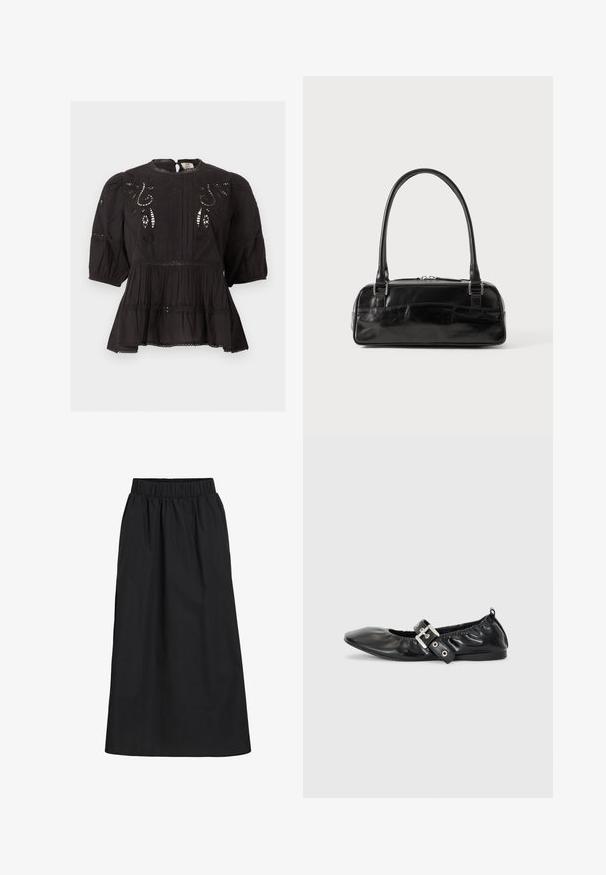 Schwarze Bluse mit Puffärmeln, Spitzen-Einsätzen, Stickerei auf der Brust, plissiertem Bund und einem kleinen Knopfverschluss am Ausschnitt.; Schwarzer, knielanger Rock aus weichem, leichtem Stoff. Verfügt über einen elastischen Bund und ein einfaches, fließendes Design ohne Verzierung.; Schwarze Leder-Ballerinas mit spitzem Zehenbereich, gerafften Details am Schaft und einem silbernen Schnallenakzent am verstellbaren Riemen.; Schwarze Lederhandtasche in rechteckiger Form, mit einem stabilen Griff, silbernem Zubehör und Reißverschluss. Glatte Textur.