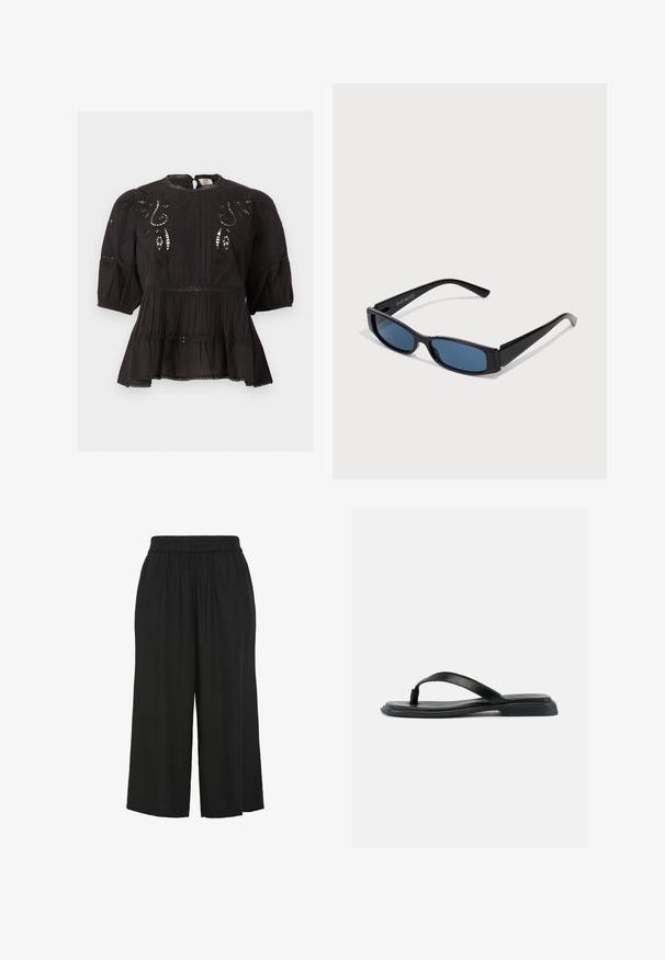 Zwarte blouse met pofmouwen, kanten uitsparingen, borduurwerk op de borst, geplooide taille en een kleine keyhole knoopsluiting bij de halslijn.; Zwarte, wijde broeken met een elastische tailleband, gemaakt van zachte stof, met een losse pasvorm en een lengte tot de enkels. Geen zichtbare sluitingen.; Zwarte platte teenslipper met gestructureerde band en licht verhoogde hak, weergegeven in zijprofiel tegen een effen lichte achtergrond.; Zwarte zonnebril met een slank rechthoekig frame en blauwe lenzen. Heeft een gladde textuur en stevige pootjes. Merklogo aan de zijkant.