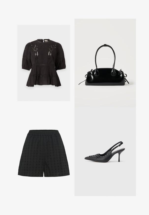 Schwarze Bluse mit Puffärmeln, Spitzen-Einsätzen, Stickerei auf der Brust, plissiertem Bund und einem kleinen Knopfverschluss am Ausschnitt.; Schwarze Shorts aus einem strukturierten Stoff mit einem Rautenmuster und kleinen Ausschnitten. Elastischer Bund für Komfort und Flexibilität.; Schwarzer Leder-Slingback-Stiletto mit spitzem Zehenaufsatz, seitlichem Schnallenriemen, Nieten entlang der Kante und dekorativer Schnürung vorne.; Kleine schwarze glänzende Handtasche mit zwei langen Griffen und seitlichen Kordelzug-Details vor einfachem hellem Hintergrund.