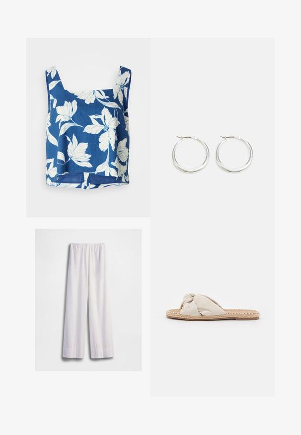 Haut court floral bleu à larges bretelles, avec des motifs floraux blancs, une coupe décontractée et un ourlet légèrement arrondi. Fabriqué en tissu léger.; Pantalon blanc ample avec taille élastique et jambes larges et droites, présenté sur un fond blanc uni.; Sandale à glissière en tissu beige avec un dessus noué et une semelle en jute tissée. Style plat, ouvert à l'avant, présentant un bord texturé et tressé.; Les boucles d'oreilles en argent en forme de créole présentent un design lisse et arrondi avec un profil fin et un fermoir sécurisé. Style minimaliste avec une finition polie.