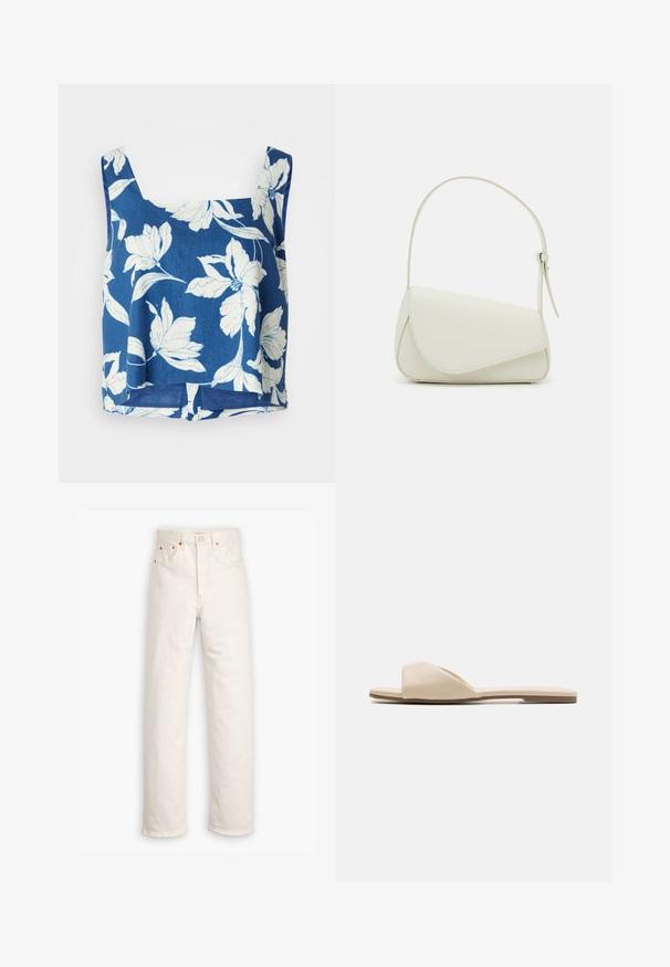 Haut court floral bleu à larges bretelles, avec des motifs floraux blancs, une coupe décontractée et un ourlet légèrement arrondi. Fabriqué en tissu léger.; Jeans en denim blanc avec un design à jambe droite, style cinq poches et accents en métal cuivré. Finition effilochée au niveau des chevilles.; Des sandales plates en matériau beige doux, avec un design ouvert à l'avant, une texture lisse et une forme minimaliste, accompagnées d'une semelle marron clair.; Sac à main en cuir synthétique blanc avec une forme triangulaire structurée, une bandoulière unique réglable et un rabat à courbes accentuées.