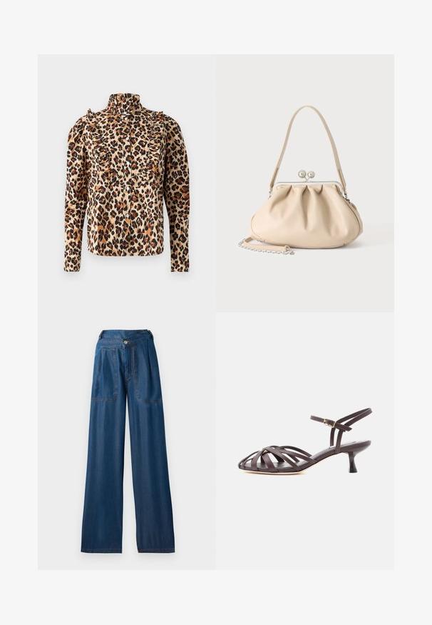 Blouse en imprimé léopard beige avec détail volanté, col montant et fermeture à boutons. Manches longues avec épaules froncées et accents noirs.; Jean large de couleur bleu foncé en denim, avec deux poches avant, une fermeture à bouton et des détails de couture orange contrastants.; Sandale à talon kitten en cuir marron foncé avec lanières et bride de cheville réglable à boucle sur fond blanc.; Sac à main en cuir souple beige avec un fermoir en métal argenté, une bandoulière simple et une bandoulière chaîne optionnelle sur fond blanc.