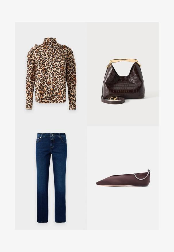 Blouse en imprimé léopard beige avec détail volanté, col montant et fermeture à boutons. Manches longues avec épaules froncées et accents noirs.; Jean en denim bleu foncé avec une coupe droite, doté d'une taille classique, de cinq poches et de détails de couture subtils sur les coutures.; Chaussure plate marron foncé à bout pointu avec un petit talon et un détail chaîne en strass argentée à l'arrière.; Sac à main marron foncé à texture crocodile avec une poignée dorée courbée et une bandoulière assortie amovible avec une boucle dorée, présenté sur fond blanc.