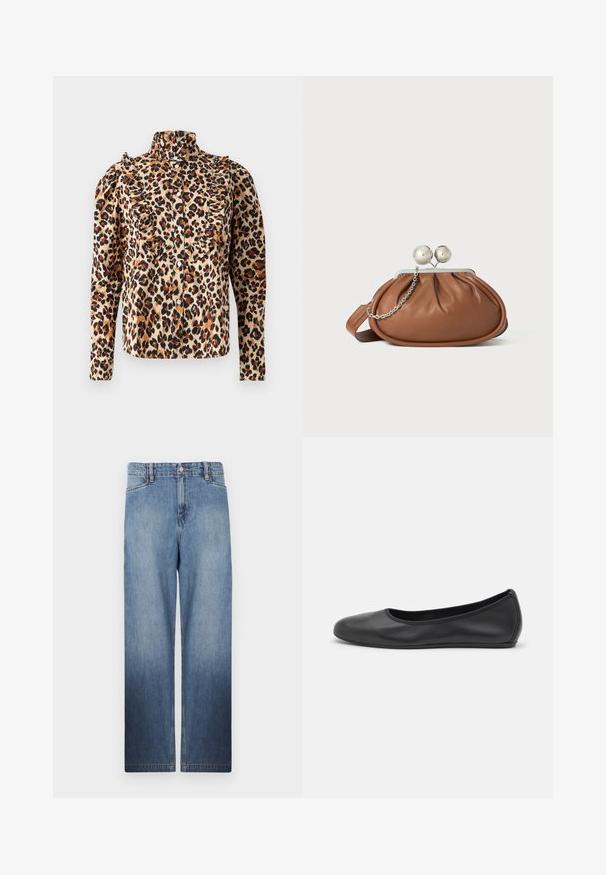 Blouse en imprimé léopard beige avec détail volanté, col montant et fermeture à boutons. Manches longues avec épaules froncées et accents noirs.; Jean en denim droit bleu clair avec un effet décoloré, cinq poches et fermeture à bouton en métal à la taille.; Ballerines en cuir noir avec un bout rond, texture lisse, détails de couture minimalistes et design de semelle flexible.; Pochette en cuir marron avec un fermoir à boule en argent et un petit détail en chaîne argentée sur fond blanc.