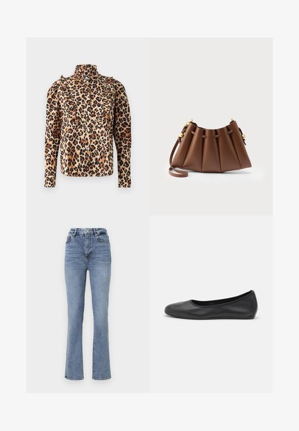 Slangeskindsbluse i beige med volangdetaljer, høj krave og knaplukning. Lange ærmer med samlede skuldre og sorte accenter.; Højtaljede blå denimjeans med lige ben, der har en klassisk fem-lomme stil og subtile stikninger.; Sort læderballetsko med rund tå, glat tekstur, minimal syning og et fleksibelt såldesign.; Brun plisseret læderhåndtaske med justerbar rem og guldfarvede snørefinish detaljer på neutral baggrund.