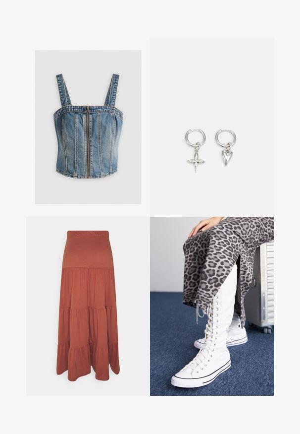 Denim cropped top med brede stropper, med en frontlynlås. Lys blå farve med lodrette sømme og et tætsiddende design.; Rustfarvet maxiskørt lavet af blødt stof, med et tiered design, flæser i kanten og en elastisk talje for komfort.; Skridtløse hvide støvler med høj skaft, lavet af canvas, med sorte akcenter. Sammen med en grå leopardmønstret nederdel med sidespalter.; Sølv hoop øreringe med et kors og hjerte charm. Glat, skinnende tekstur med en poleret finish. Hver charm hænger fra en sikker løkke.