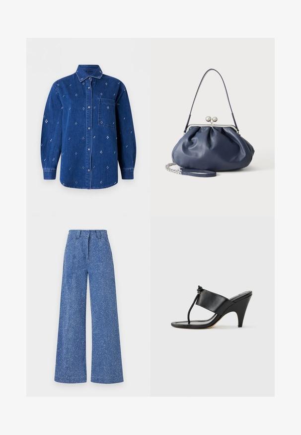 Blauw denim overhemd met knopen, lange mouwen, kraag, borstzak en een klein wit kruisvormig borduurpatroon over het hele shirt.; Hoge taille, wijde blauwe denim jeans met een gebleekt gespikkeld patroon, met knoop- en ritssluiting aan de voorkant en riemlussen.; Zwarte sandaal met hoge hak, voorzien van een brede voorband en een teenlus met een knoopdetail van koord, vanuit zijaanzicht getoond op een witte achtergrond.; Zachte navyblauwe leren handtas met zilveren sluiting, enkele schouderband en afneembare ketting polsband op witte achtergrond.