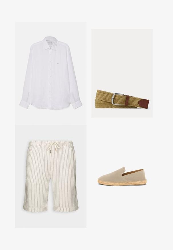 Chemise blanche à manches longues en lin. Elle comprend un col pointu, une fermeture à boutons sur toute la longueur, et un petit logo brodé sur la poitrine à gauche.; Shorts en mélange de lin couleur beige clair avec de légères rayures verticales marron. Dotés d'une taille élastique avec cordon de serrage et d'ourlets roulés.; Espadrille beige en daim à enfiler avec semelle enveloppée de jute et petit talon, vue latérale sur fond blanc.; Ceinture tressée en tissu beige avec boucle métallique argentée et détails en cuir marron, comprenant un patch logo cousu à l'extrémité.