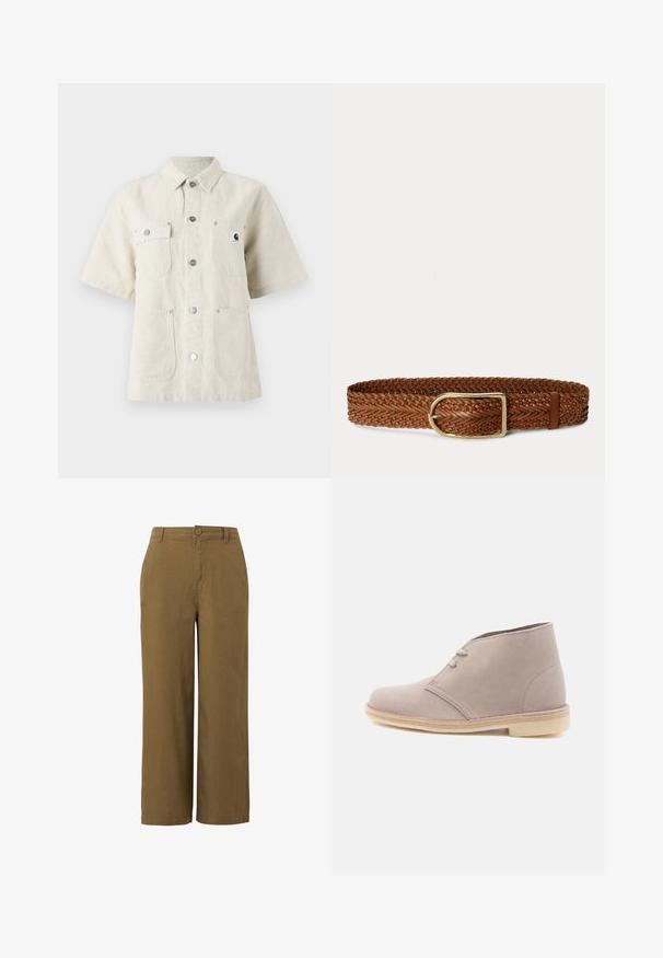 Camisa de manga corta en tejido beige claro, con cuello de punta, botones en el frente, dos bolsillos en el pecho y un pequeño parche con el logo a la izquierda.; Pantalones de pierna ancha marrones, fabricados con una mezcla de algodón texturizado, que cuentan con un cierre frontal de botón y un diseño de cintura estándar.; Bota desértica de ante beige claro con dos ojales y suela de crepé, vista lateral sobre fondo blanco liso.; Cinturón de cuero trenzado marrón con hebilla rectangular dorada y una presilla de cuero sobre fondo blanco.