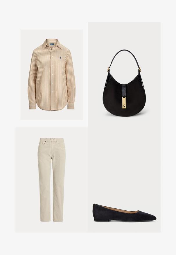 Gestreiftes Hemd mit Knöpfen, Muster in Khaki und Weiß, lange Ärmel, spitzer Kragen und kleinem Logo auf der linken Brust. Baumwollstoff.; Beige Cordhose mit geradem Bein, Gürtelschlaufen, Vorderknopf, Reißverschluss und Fronttaschen.; Schwarze Wildleder-Ballerinas mit spitzem Zehenbereich, flachem Absatz und glatter, strukturiertem Oberfläche. Dezente goldene Akzente am Absatz.; Schwarze Wildleder-Schultertasche mit einer geschwungenen Form, einem glatten schwarzen Ledertrageriemen und einem goldfarbenen Hardware-Akzent mit einem Logodetail.