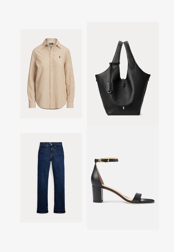 Stribet skjorte med knapper, med et khaki- og hvidt mønster, lange ærmer, spids krave og et lille logo på venstre bryst. Bomuldsstof.; Mørkeblå straight-leg jeans med frontknap og lynlås, fem-lomme design og synlige syninger.; Lauren Ralph Lauren LOGAN BURNISHED LEATHER SANDAL - Sandaler - black; Sort tekstureret læder tote taske med dobbelte håndtag, en lille klap med knaplukning og en diskret hvid hestelogo i bunden i midten.