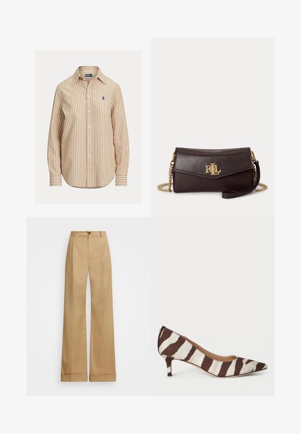 Stribet skjorte med knapper, med et khaki- og hvidt mønster, lange ærmer, spids krave og et lille logo på venstre bryst. Bomuldsstof.; Beige bredde benbukser med knaplukning, der har en glat tekstur og pressede folder. Krummede nederkanter for ekstra detaljer.; Spids tå pump i tekstureret stof med et zebra-striber mønster i brunt og creme, med en lav kitten hæl for stabilitet.; Mørkebrun læderclutch med guldkæde og guldt "RLL" logo på frontklappen, sat mod en hvid baggrund.