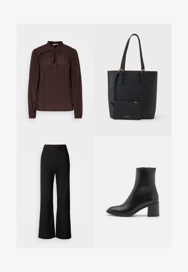 Bruine blouse met lange mouwen en een keyhole decolleté, geplooide textuur, smock-schouders en gathered manchetten. Lichtgewicht, vloeiende stof.; Zwarte wijde broek met een gladde textuur, hoge taille en een strakke uitstraling. Geen zichtbare zakken of versieringen.; Zwarte leren enkelboot met een ronde neus, een blokhak van gemiddelde hoogte en een gladde afwerking. Voorzien van een discrete zijrits.; Zwarte leren tote tas met twee handvatten en een bijpassend klein ritszakje eraan bevestigd, bedrukt met Anna Field in gouden letters.