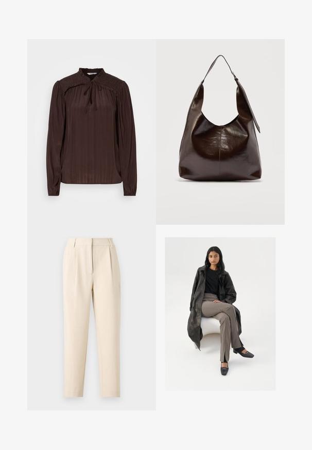 Blusa marrón de manga larga con escote tipo ojal, textura plisada, hombros fruncidos y puños recogidos. Tejido ligero y fluido.; Pantalones beige a medida con corte recto, que presentan pliegues en la parte delantera y un acabado suave. La tela parece ligera y texturizada.; Abrigo de cuero negro, camisa negra, pantalones de talle alto beige, zapatos negros de punta cuadrada con una hebilla plateada, sentado en una silla blanca.; Bolso de hombro de cuero marrón oscuro brillante con una sola correa ancha y detalle de hebilla en un lado, colocado sobre un fondo claro y sencillo.