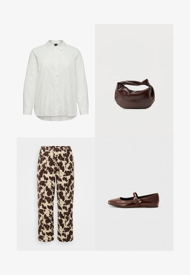 Weiße langärmelige Bluse mit Knöpfen, floraler Lochstickerei und spitzem Kragen.; Braune und cremefarbene Sweatpants mit Muster, elastischem Bund und geradem Schnitt, hergestellt aus weichem, leichtem Stoff.; Braune Lackleder-Ballerinas mit quadratischer Zehenform und Riemen mit einer kleinen goldenen Schnalle. Glatte Textur, niedriger Absatz und minimalistisches Design.; Dunkelbraune Lederschultertasche mit weicher, lockerer Form und einem gedrehten Knotengriff vor schlichtem weißem Hintergrund.