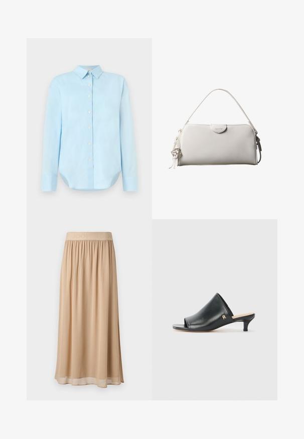 Lichtblauw overhemd met lange mouwen, een kraag, een afgeronde zoom en vijf knopen aan de voorkant; gemaakt van gladde, lichte stof.; Beige midi-rok met een brede elastische tailleband waarop de merknaam staat. Zacht, vloeiend materiaal met een gladde textuur en een eenvoudig ontwerp.; Zwarte leren open teen muiltjes met een lage hak. Heeft een glad oppervlak en een gouden logo accent aan de zijkant.; Witte rechthoekige Calvin Klein handtas met enkele handgreep, minimalistisch ontwerp en decoratieve kwastjes met geometrische metalen hanger aan de zijkant.