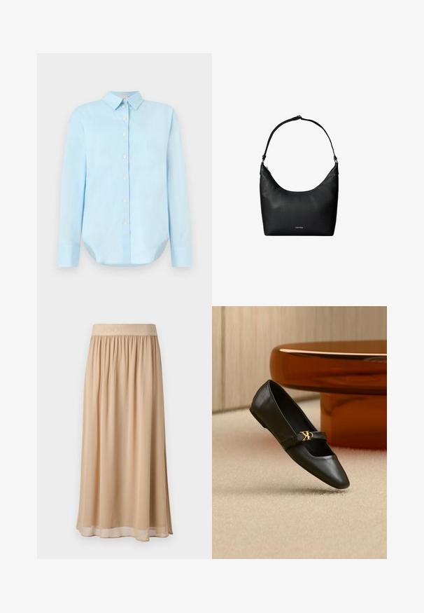 Camisa de botón azul claro con mangas largas, cuello, dobladillo redondeado y cinco botones frontales; hecha de una tela suave y liviana.; Falda midi beige con una amplia banda elástica en la cintura que lleva el nombre de la marca. Material suave y fluido con una textura lisa y un diseño sencillo.; Zapato plano de cuero negro con puntera puntiaguda y logo dorado de CK en la correa, colocado sobre una alfombra beige cerca de una mesa redonda marrón ámbar.; Bolso de hombro de cuero negro texturizado con una sola correa y un pequeño logo de Calvin Klein en el centro delantero.