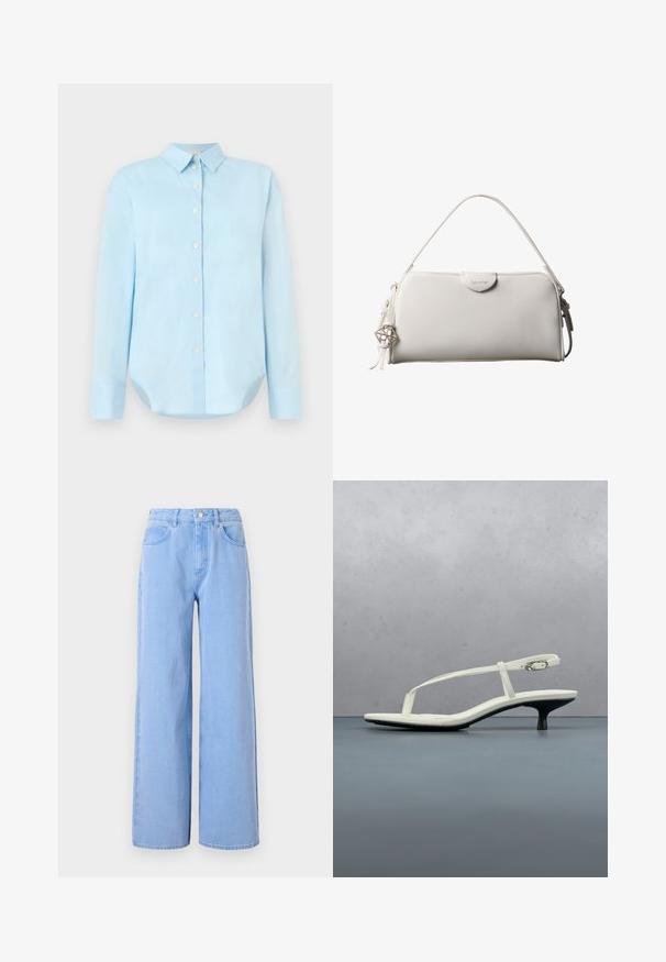 Lichtblauw overhemd met lange mouwen, een kraag, een afgeronde zoom en vijf knopen aan de voorkant; gemaakt van gladde, lichte stof.; Lichtblauwe wijde denim jeans. Heeft een aangesloten taille met riemlussen en voorzakken, stiksel details en een schone zoom.; Witte sandaal met smalle bandjes en kitten heel, met een spitse neus, zwevend boven een houten tegelvloer buiten, met op de achtergrond een wazige plant en muur.; Witte rechthoekige Calvin Klein handtas met enkele handgreep, minimalistisch ontwerp en decoratieve kwastjes met geometrische metalen hanger aan de zijkant.