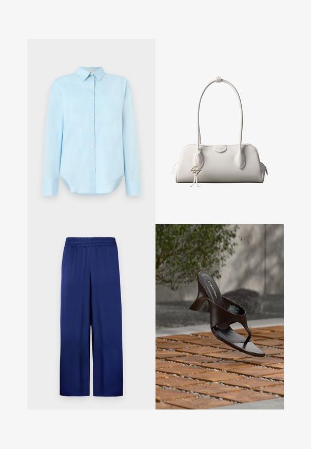Camisa de botón azul claro con mangas largas, cuello, dobladillo redondeado y cinco botones frontales; hecha de una tela suave y liviana.; Pantalones de pierna ancha en azul marino con una cintura elástica, fabricados en tela suave, que presentan un diseño simple y funcional sin patrones visibles.; Sandalia de tiras con tacón marrón de Calvin Klein suspendida sobre suelo exterior de loseta de madera y grava, con fondo desenfocado de vegetación y piedras.; Bolso de hombro blanco de Calvin Klein con asas largas, forma rectangular, cierre de cremallera y charm decorativo con el logo colgando cerca del asa.