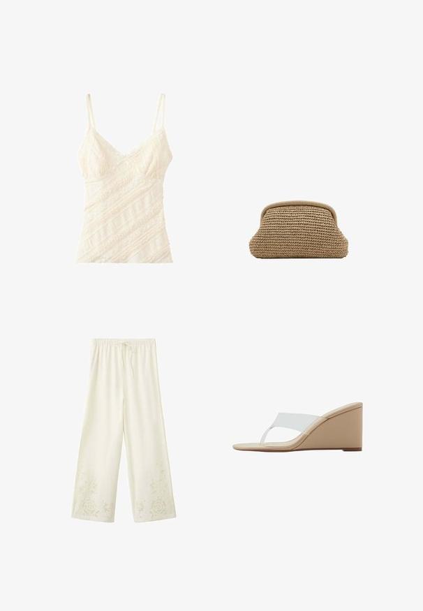 Camisole en dentelle couleur crème avec fines bretelles réglables et motifs floraux en diagonale.; Pantalon large crème avec taille élastique, cordon de serrage et broderie en dentelle florale près des ourlets.; Sandale compensée beige avec une large bride transparente et un design à lanière entre les orteils sur fond blanc.; Pochette tissée beige avec un bord supérieur arrondi et un extérieur doux et texturé, présentée sur un fond blanc.