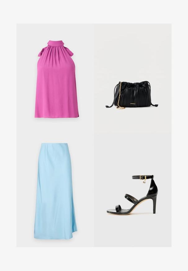 Top sin mangas en un vibrante color rosa con un cuello alto, escote fruncido y acentos de lazo en los hombros, hecho de una tela suave.; Falda midi azul claro con una textura suave, que cuenta con una ligera abertura lateral y una pretina elástica para mayor comodidad y facilidad de uso.; Sandalia de charol negro con tres correas, hebilla en el tobillo y tacón de aguja de 10 cm. Presenta detalles de hardware en oro y un charm con el logo.; Bolso de mano negro de cuero plisado con cordón ajustable, cadena dorada como asa y un pequeño detalle horizontal dorado en la parte frontal.