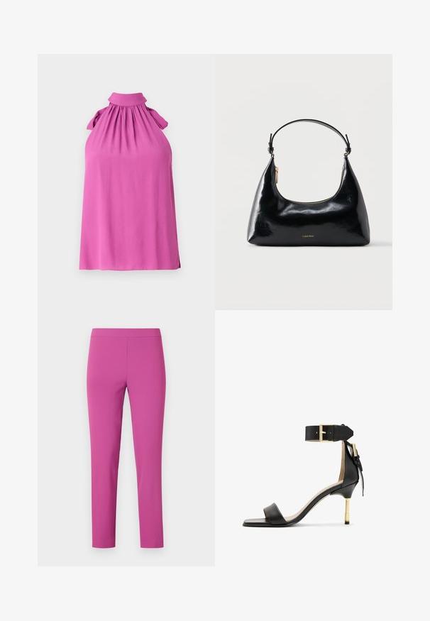 Top sin mangas en un vibrante color rosa con un cuello alto, escote fruncido y acentos de lazo en los hombros, hecho de una tela suave.; Pantalones ajustados de cintura alta en un vibrante color rosa, hechos de una tela lisa y elástica. Corte hasta los tobillos sin bolsillos ni cierres visibles.; Sándal de tacón de cuero negro con punta cuadrada, correa en el tobillo con hebilla dorada y un tacón metálico esbelto. Textura suave, diseño minimalista.; Bolso negro brillante de Calvin Klein con cremallera dorada y correa corta sobre un fondo blanco liso.