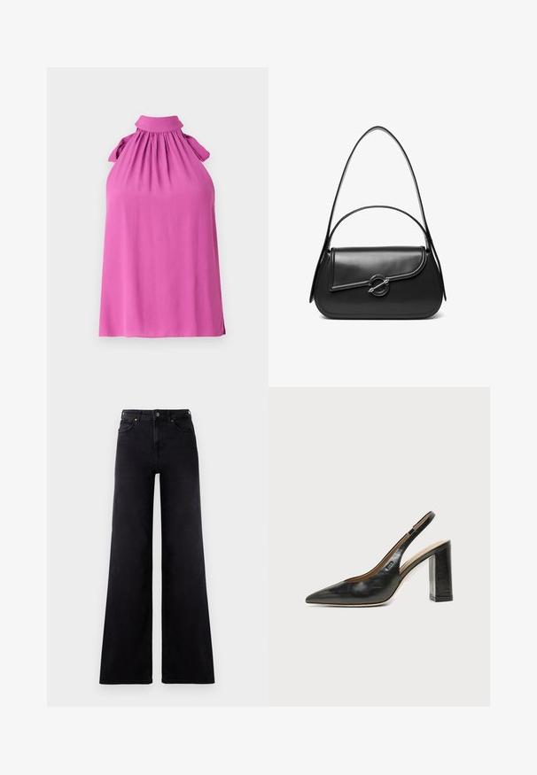 Ærmeløs top i strålende pink med høj krave, samlet udskæring og sløjfebesætning på skuldrene, lavet af blødt stof.; Højtaljede sorte wide-leg jeans med frontlommer, bælteløkker og knappelukning.; Sort læder peep-toe slingback sko med høj blokhæl og beige indvendig foring mod en ensfarvet lys baggrund.; Sort skuldertaske i læder med en buet klap, der er fastgjort med en rund metal spænde, og en slank, justerbar rem.