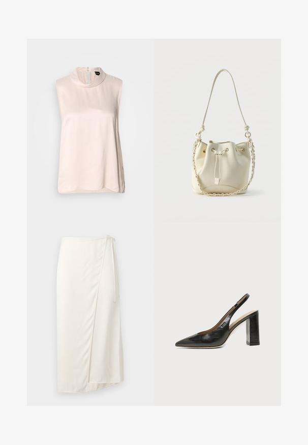 Blouse sans manches rose pâle avec un col haut, confectionnée dans un tissu lisse et brillant. Elle présente une fermeture à boutons dans le dos et un ourlet arrondi.; Jupe enveloppante crème en tissu lisse, avec une fermeture à nouer sur le côté et un ourlet à mi-genoux avec une légère fente à l'avant pour plus de liberté de mouvement.; Chaussure slingback en cuir noir à bout pointu avec un talon bloc haut et une doublure intérieure beige sur un fond clair uni.; Sac seau en cuir crème avec fermeture à cordon, chaîne tressée et bandoulière en cuir, ainsi que des œillets dorés.