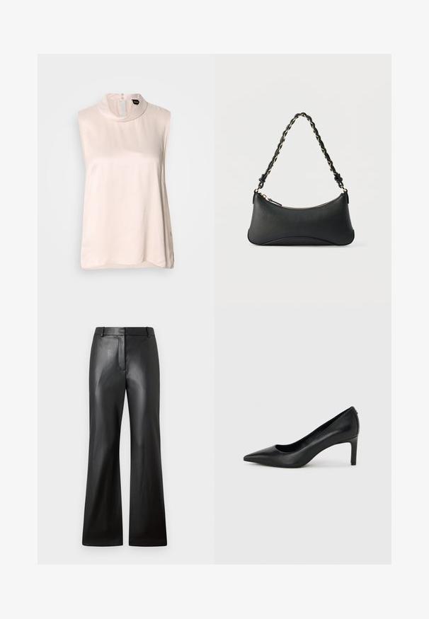 Blusa sin mangas de color rosa pálido con cuello alto, confeccionada en una tela lisa y brillante. Presenta un cierre de botones en la parte posterior y un dobladillo curvado.; Pantalones de cuero negro con una textura suave, diseño de pierna ancha y una cinturilla de altura media que presenta trabillas para cinturón y bolsillos frontales.; Zapato de salón negro de piel con punta afilada y tacón delgado de altura media sobre un fondo liso de color gris claro.; Bolso de hombro de cuero negro con forma rectangular curvada, cadena dorada entrelazada en una correa negra trenzada y cierre superior con cremallera.