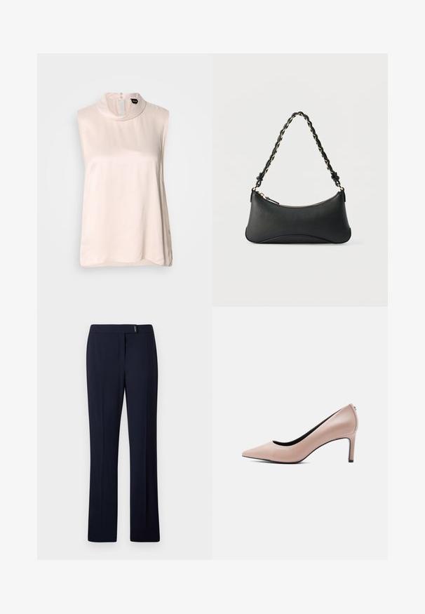 Mouwloze lichtroze blouse met een hoog kraagje, gemaakt van glad, glanzend stof. Voorzien van een knoopsluiting aan de achterkant en een afgeronde zoom.; Navyblauwe op maat gemaakte broeken van een gladde stof, met een platte voorkant, rechte pijpen en een subtiele zilveren accent bij de taille.; Beige pump met spitse neus en een slanke naaldhak op een effen witte achtergrond.; Zwarte lederen schoudertas met een gebogen rechthoekige vorm, gouden ketting verweven in een gevlochten zwarte band, en een ritssluiting bovenop.
