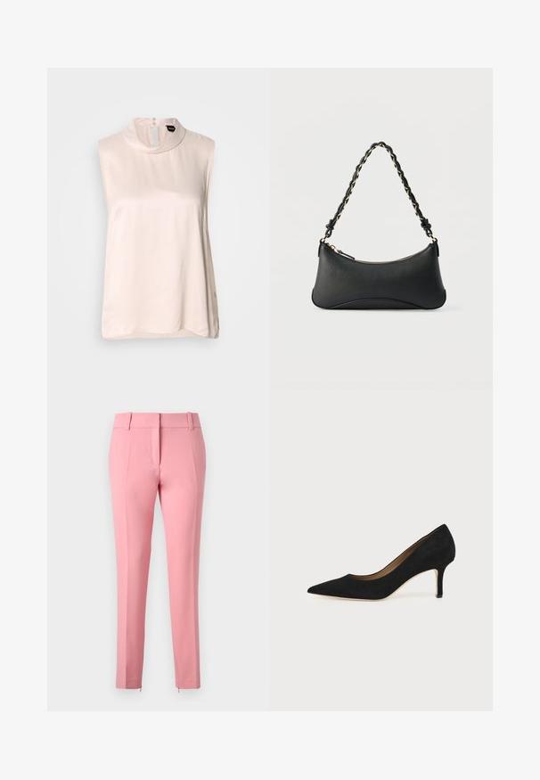 Blouse sans manches rose pâle avec un col haut, confectionnée dans un tissu lisse et brillant. Elle présente une fermeture à boutons dans le dos et un ourlet arrondi.; Pantalons ajustés roses avec une texture lisse, jambes droites et un détail zippé en bas. Comprend des passants de ceinture et un design à l'avant plat.; Escarpin en daim noir à bout pointu avec un talon stiletto fin de hauteur moyenne et un design à coupe basse sur un fond uni.; Sac à bandoulière en cuir noir de forme rectangulaire incurvée, avec une chaîne dorée tissée dans la bandoulière noire tressée et une fermeture éclair sur le dessus.