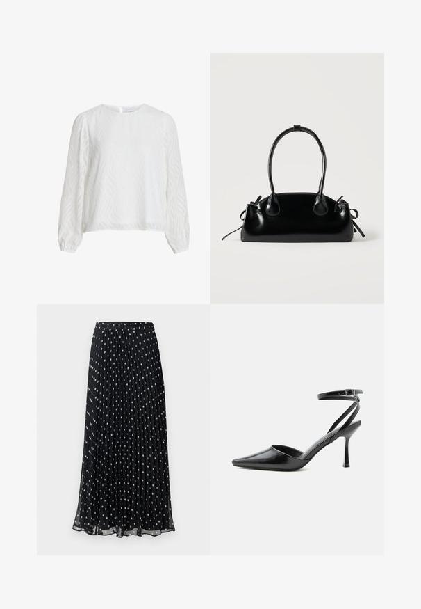 Blouse blanche à manches longues avec un motif texturé ondulé subtil, décolleté rond et fermeture à boutons au dos.; Jupe noire plissée à pois blancs, dotée d'une taille élastique et d'un design fluide, fabriquée en tissu léger.; Escarpin noir à bout pointu avec fines brides de cheville et fermeture à boucle argentée sur fond clair uni.; Petit sac à main noir brillant avec deux longues anses et des détails à cordon sur les côtés sur un fond clair uni.